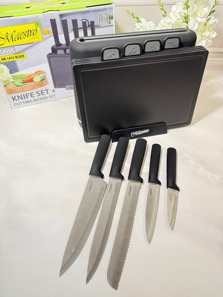 Комплект кухонных ножей Maestro MR-1412 BLACK с 4 разделочными досками на подставке, 10 предметов. SAL-000114 фото