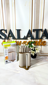Набір ножів Maestro MR-1413-BEIGE, 8 предметів із дошкою, тримачем для паперових рушників та універсальною підставкою SAL-000128 фото
